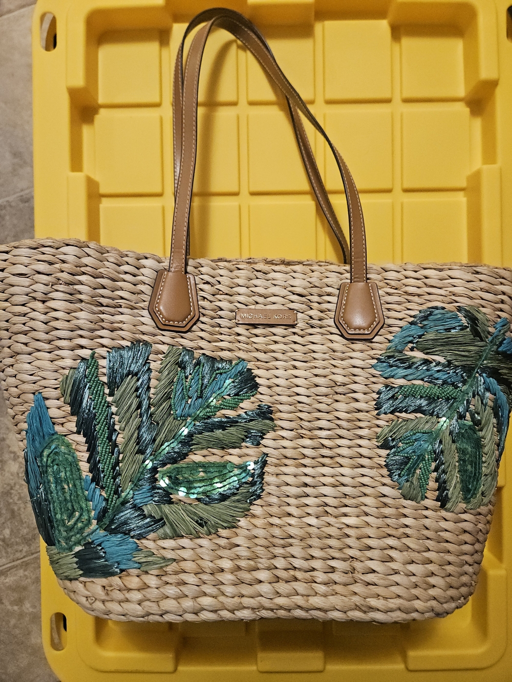 Michael Kors Natural Woven Tote with Green Embroidery